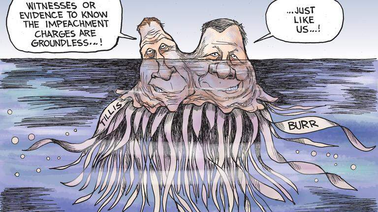 Kevin Siers cartoon: Tillis and Burr just floating through impeachment hearings