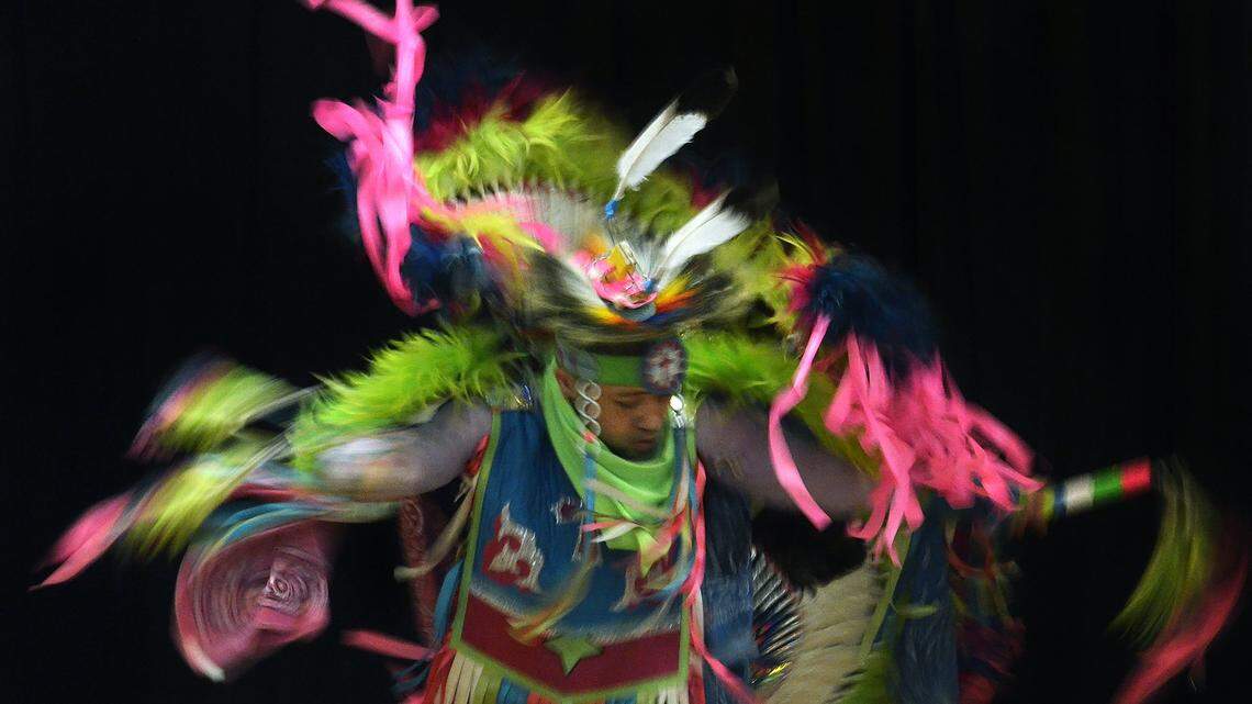 Payne Sheek, 17, a Lumbee Indian, performed a men’s fancy dance in Charlotte on Saturday, May 16, 2015.