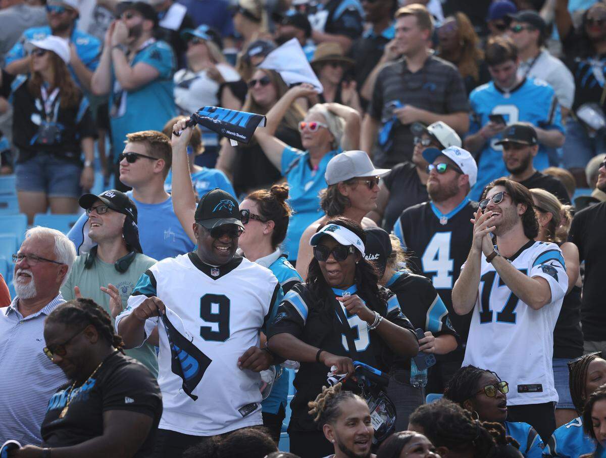 Carolina Panthers' fans cheer after the game against the Atlanta Facons at the Bank of America Stadium in Charlotte on Sunday, September 21, 2025.