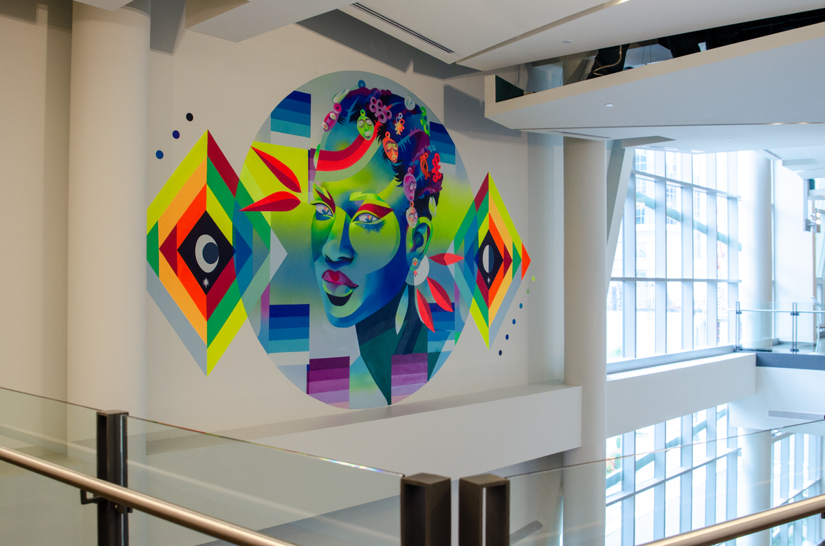 A new large-scale mural, “Earth Keeper,” by Georgie Nakima, is now on permanent display at the Gantt Center. She also was one of the artists who worked on the “Black Lives Matter” mural on Tryon Street in 2020.