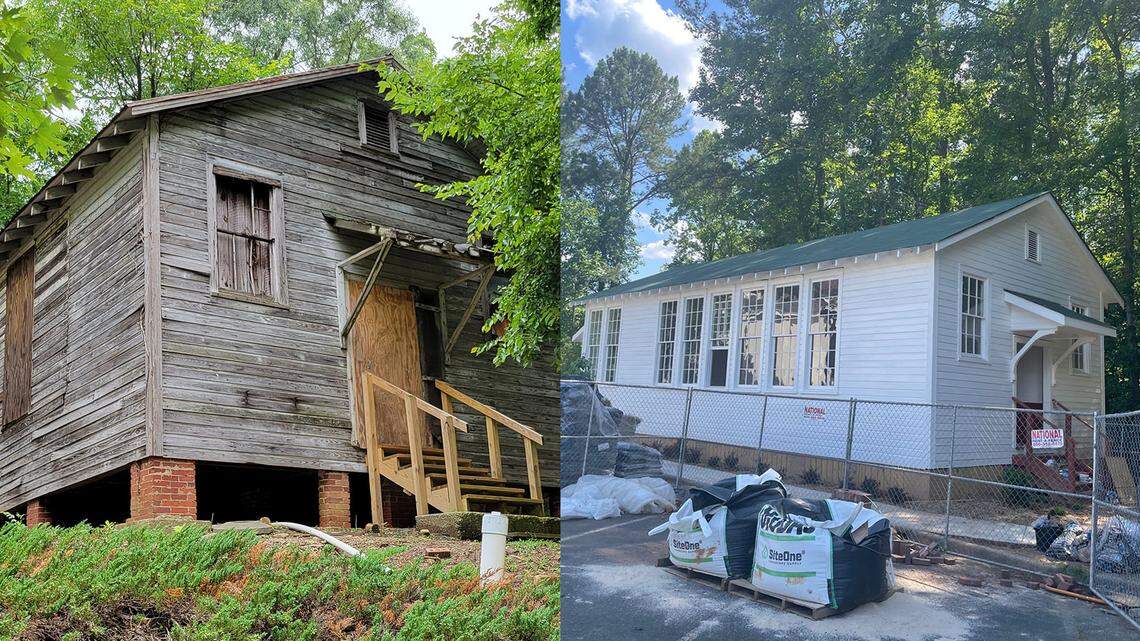 The Siloam School, a historic Black school, pictured before and during its renovation. Left photo courtesy of Alfreda Barringer