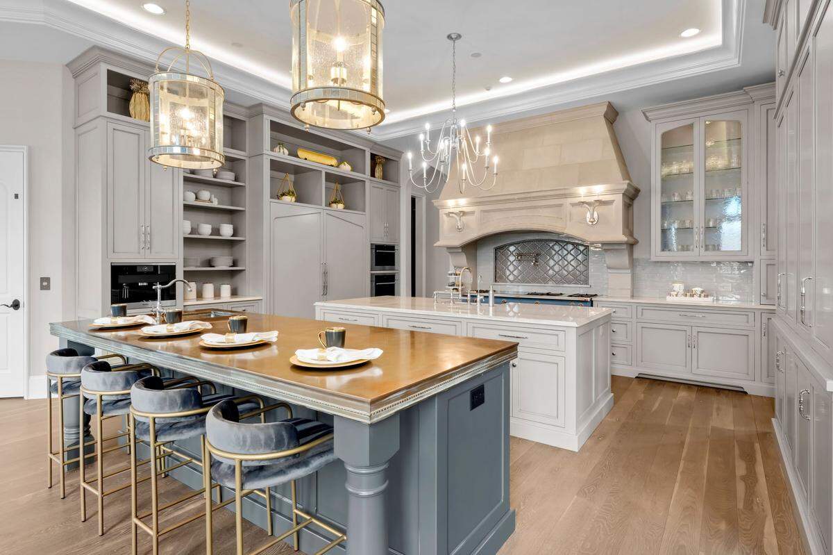 The kitchen of the Christian McCaffrey-Olivia Culpo Lake Norman mansion is shown.