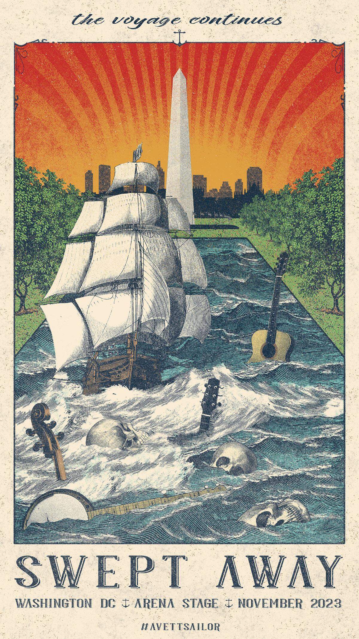 The Avett Brothers commissioned this poster by Tortuga Design Studio for the “Swept Away” run at Arena Stage in Washington, D.C.
