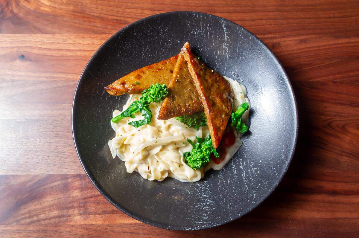 The Restaurant at Alchemy’s housemade vegetarian fettuccine with vegan alfredo.