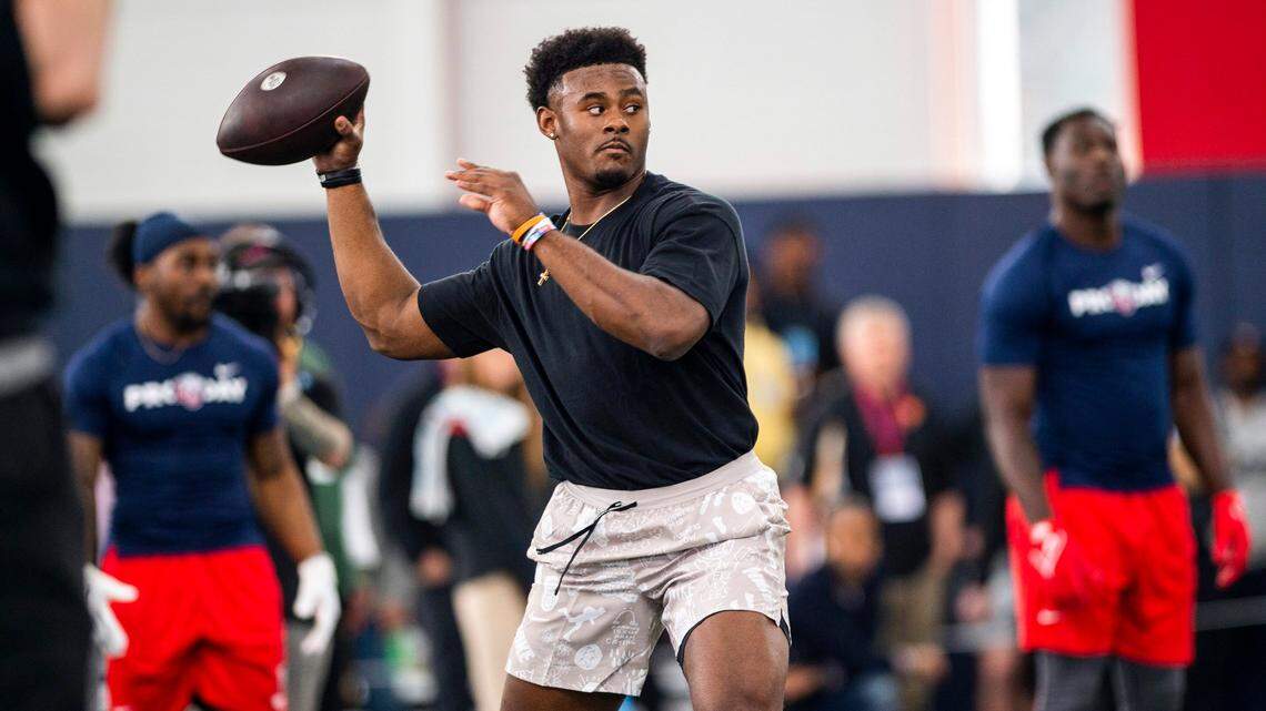 Liberty quarterback Malik Willis throws during the school’s pro football day for NFL scouts and coaches, Tuesday, March 22, 2022, in Lynchburg, Va. (AP Photo/Kendall Warner)