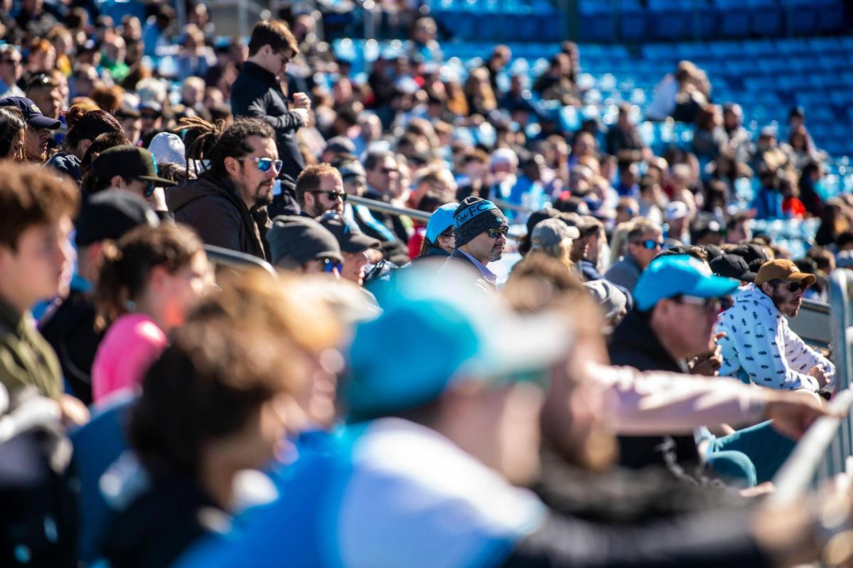 Fans watch an open training session for Charlotte Football Club at Bank of America Stadium on Thursday, February 10, 2022 in Charlotte, NC. The club plays its home opener on Saturday, March 5, 2022.