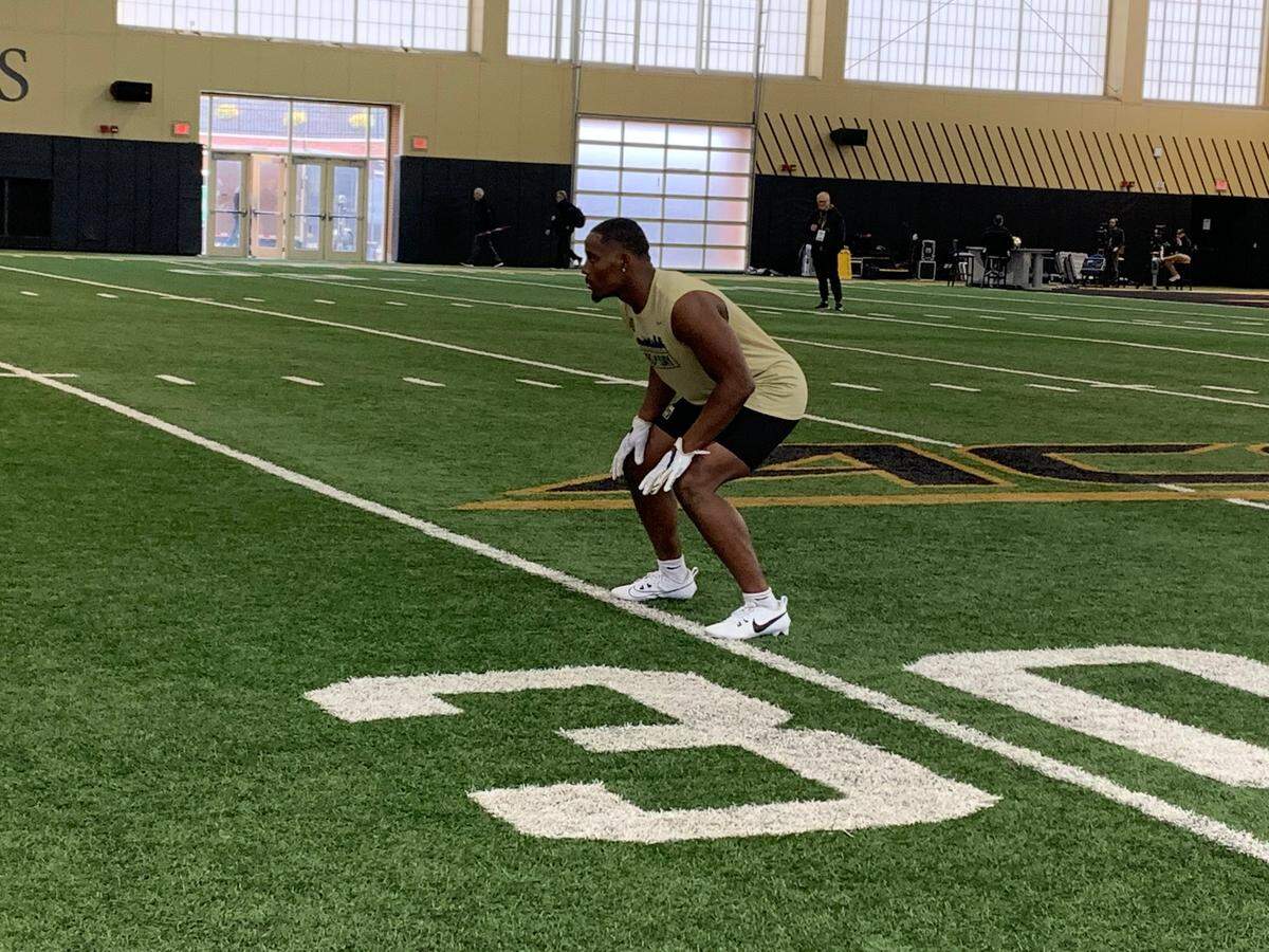 Wake Forest linebacker Jacob Roberts takes part in field drills during the program’s pro day in the McCreary Football Field House on Wednesday, March 27, 2024.