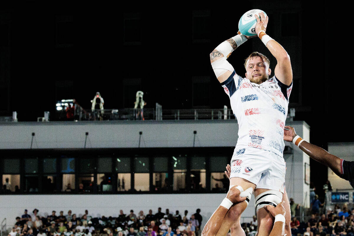 USA Men's Eagles lift Brandon Harvey in the match against Zimbabwe in the inaugural World Rugby Nations Cup on Saturday, July 11, 2026 at the American Legion Memorial Stadium in Charlotte, NC.