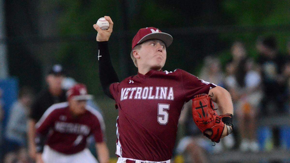 Metrolina Christian starting pitcher, #5, Chase Kiker, threw a solid game against Charlotte Christian. Metrolina Christian lead Charlotte Christian 3-0 after four innings. The Warriors of Metrolina Christian, sporting a perfect, 19-0 record, travel edto face off against the 14-5, Charlotte Christian Knights. The teams battled on Monday, April 15, 2024.