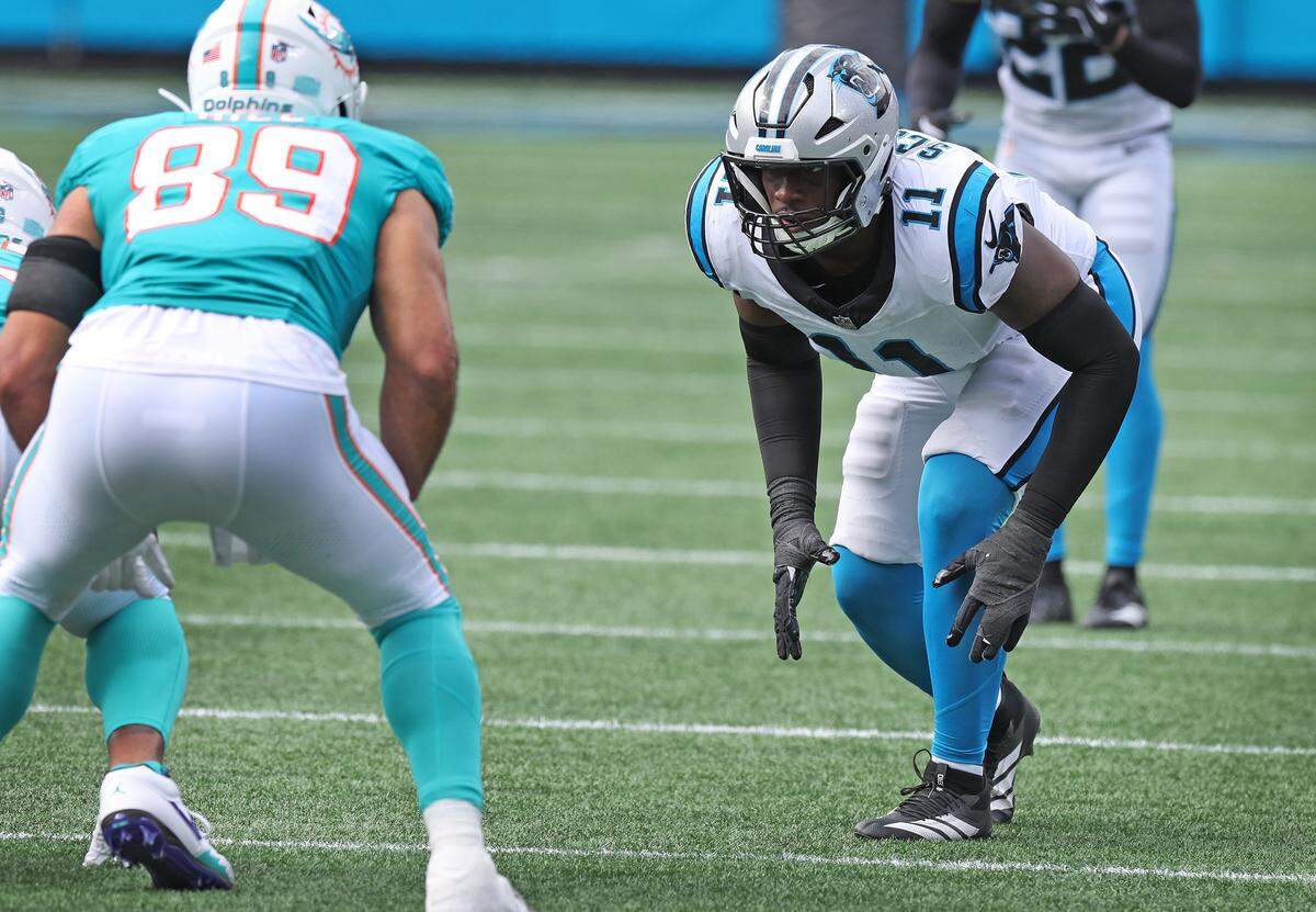 Carolina Panthers linebacker Nic Scourton waits for the Miami Dolphins to snap the ball during action on Oct. 5, 202,5 at Bank of America Stadium. The Panthers defeated the Dolphins 27-24.