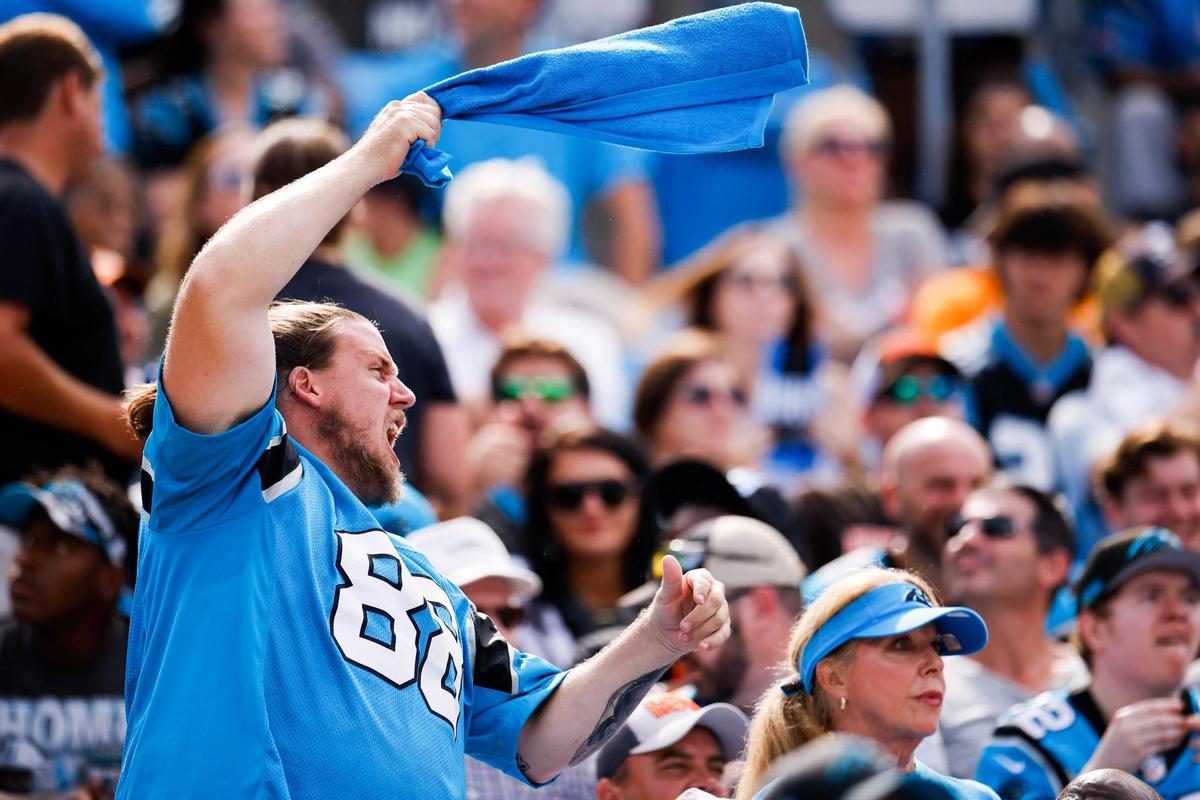 A Carolina Panthers fan cheers in the stands during a game against the Cleveland Browns at Bank of America Stadium in Charlotte, N.C., Sunday, Sept. 11, 2022.