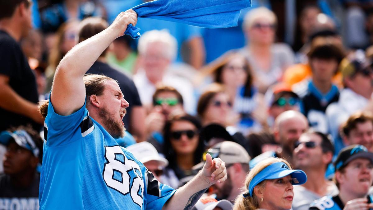 A Carolina Panthers fan cheers in the stands during a game against the Cleveland Browns at Bank of America Stadium in Charlotte, N.C., Sunday, Sept. 11, 2022.