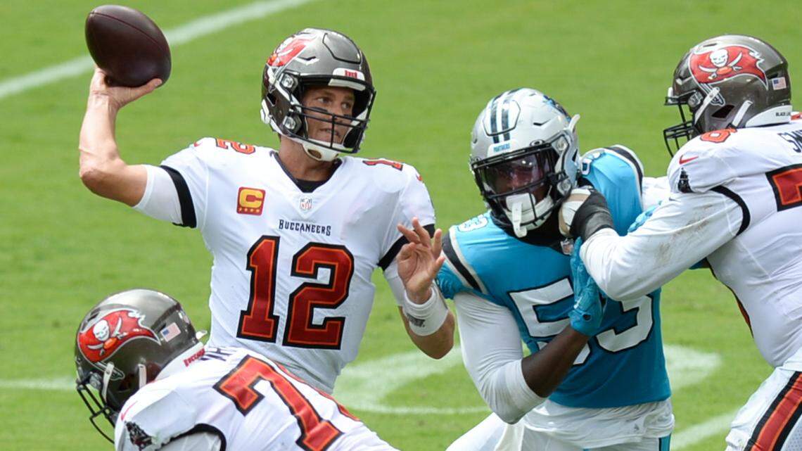 Tampa Bay Buccaneers quarterback Tom Brady (12) throws against the Carolina Panthers during the first quarter Raymond James Stadium on Sunday, September 20, 2020, in Tampa Bay, Florida.