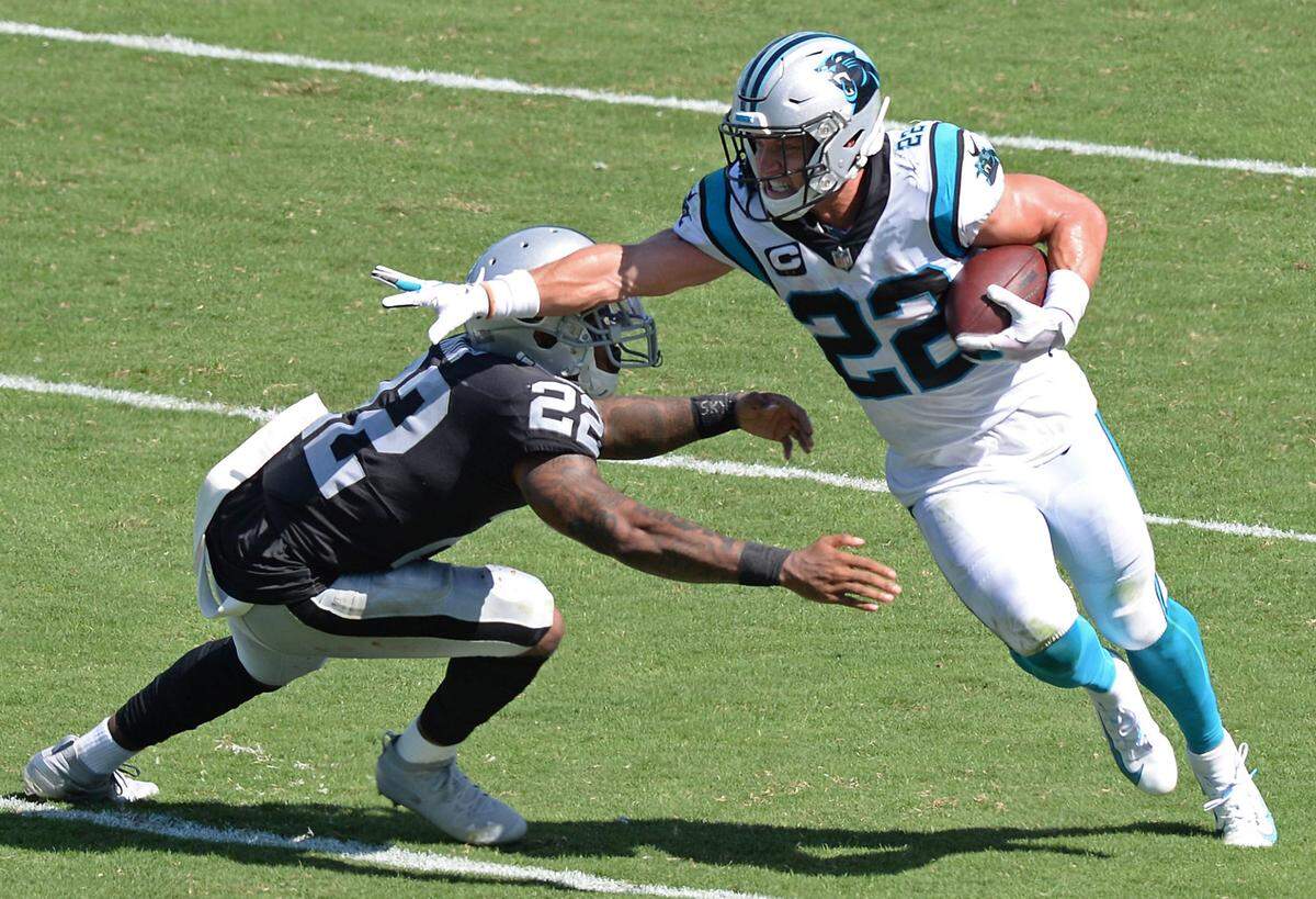 Carolina Panthers running back Christian McCaffrey (22) had two rushing touchdowns and 135 total yards against the Las Vegas Raiders in the 2020 season opener.