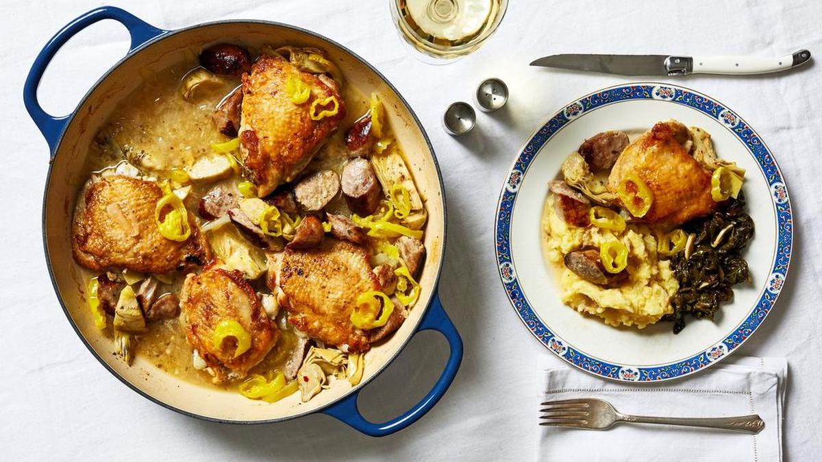 Spicy chicken and sausages.