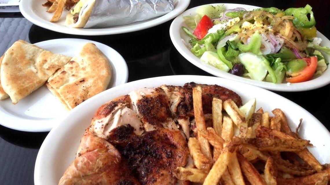 
Gyros sandwich, Greek salad and baked chicken at Mad Greek Cafe on South Boulevard.
