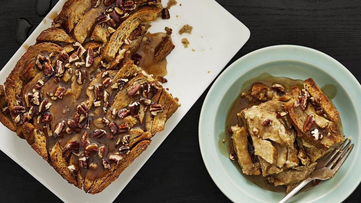Maple Bread Crust Pudding with salted caramel sauce.