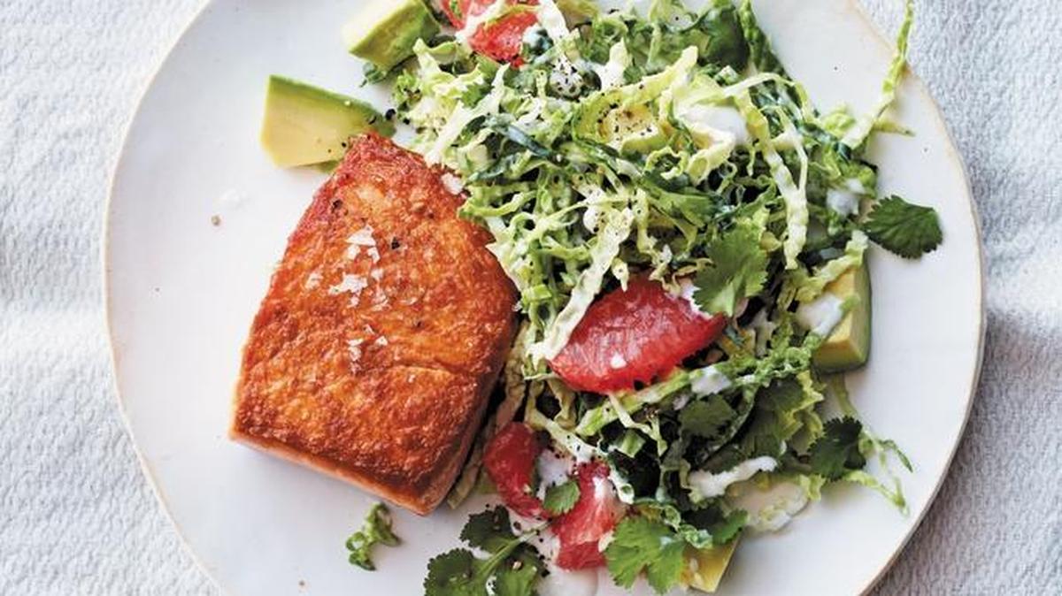 Lean proteins and a variety of fruits and vegetables follow the federal dietary guidelines for setting a healthy pattern of eating. This Pan-Roasted Salmon with Grapefruit-Cabbage Slaw from “Bon Appetit: The Food Lover’s Cleanse,” by Sarah Dickerman is a great recipe that falls under the guidelines.