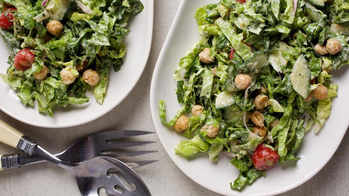 Salad With Crispy Spiced Chickpeas and Tahini Dressing.