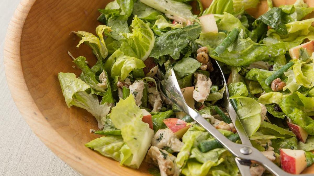 Green Salad With Chicken, Apple and Maple Walnuts in Buttermilk Dressing.