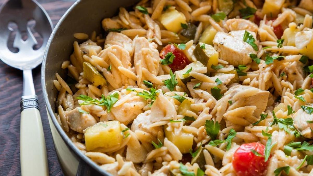 One-pan dinner: Lemon rosemary chicken and orzo.