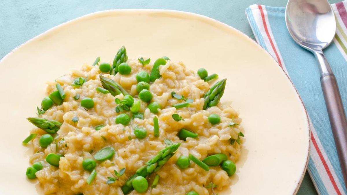“Spring is one of the best times to make a risotto as fresh asparagus and green peas hit the market,” says Fred Thompson.