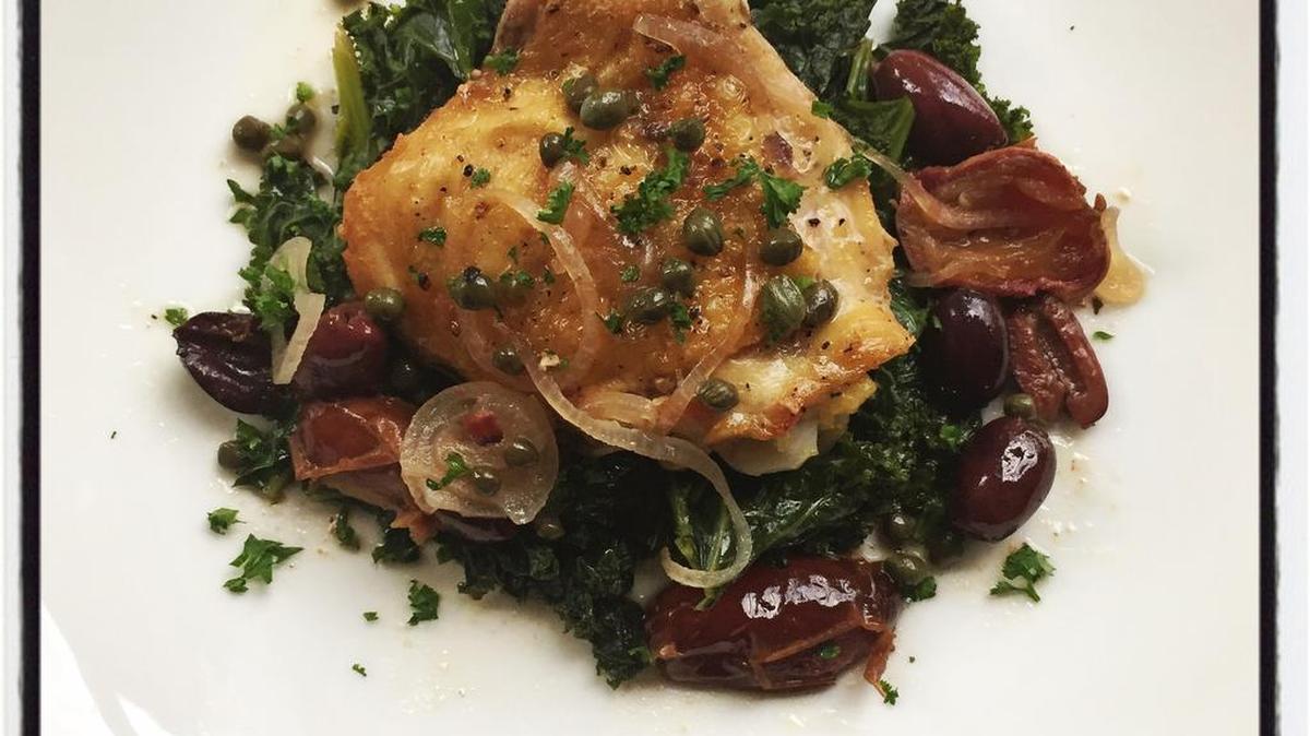 Chicken Marbella and Sauteed Kale.