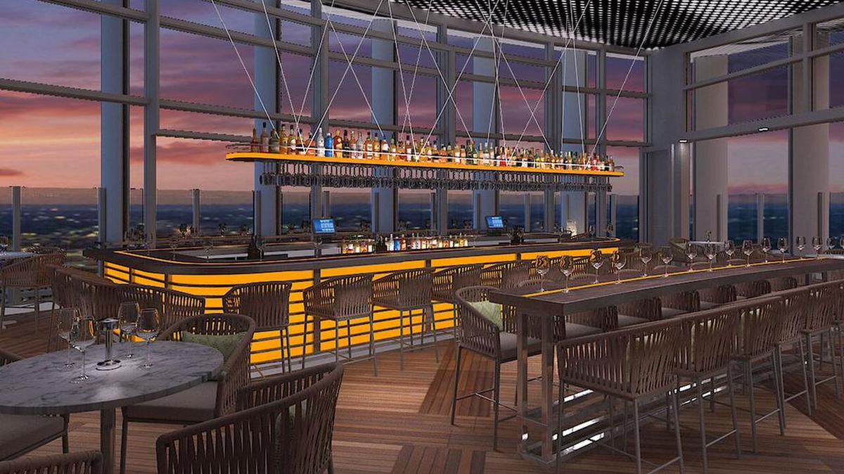 An artist’s rendering of Merchant & Trade, the rooftop bar on the 19th floor of the Kimpton Tryon Park.