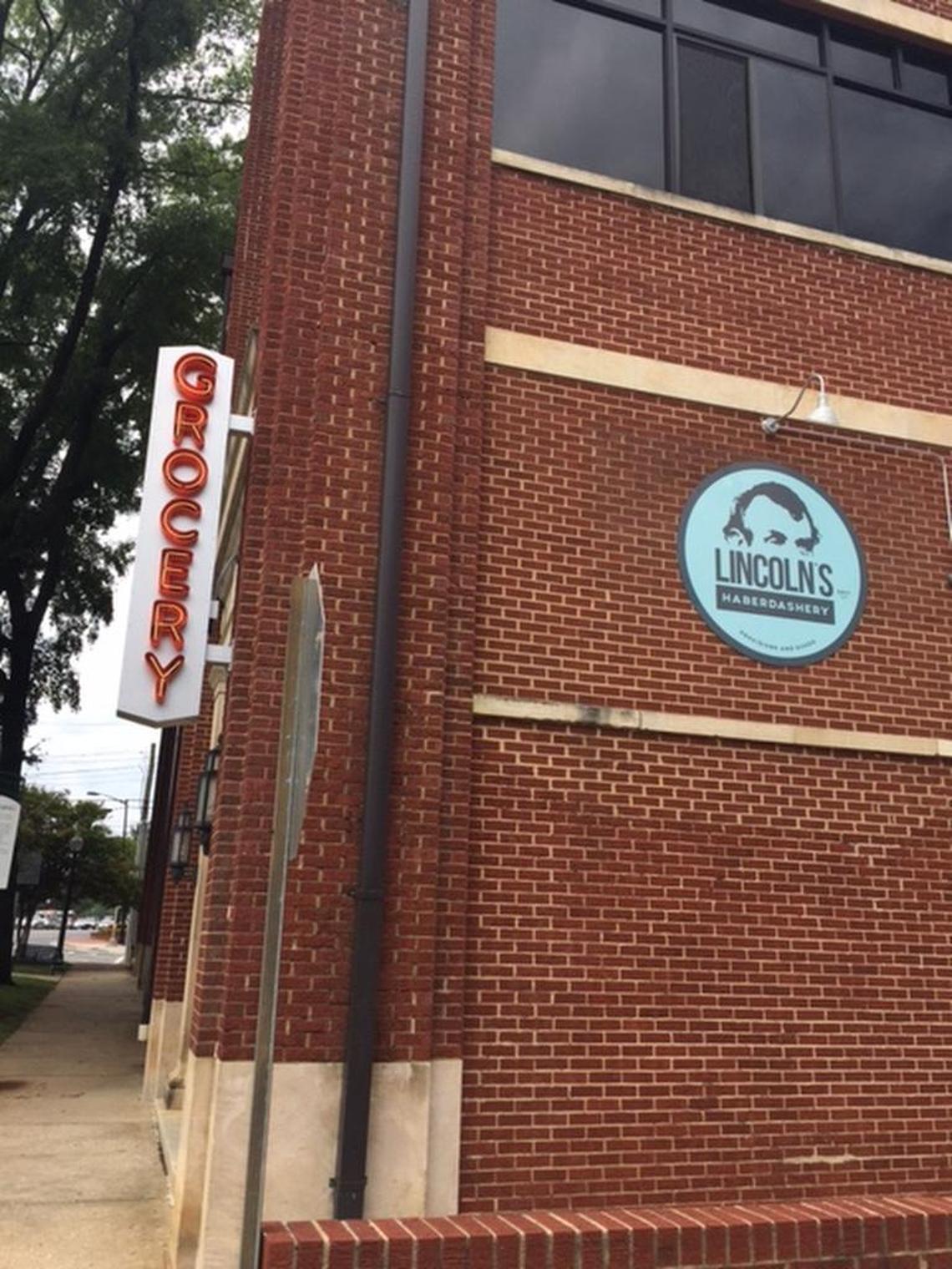 The grocery sign and the round blue sign are already up for Lincoln’s Haberdashery, 1300 South Blvd.