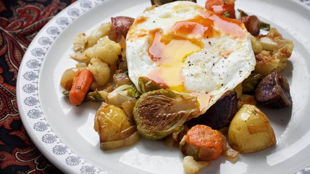Everything is better with an egg on top, especially Roasted Vegetable Hash.