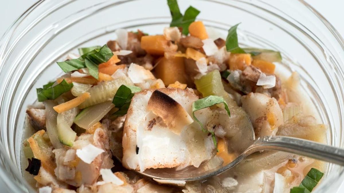 Ginger-Coconut Fish Soup is fast enough for a weeknight meal.