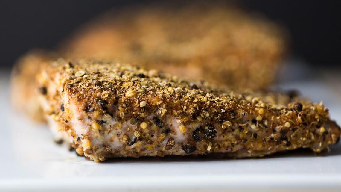 Dry-Rubbed Roasted Salmon uses the flavors of pastrami.