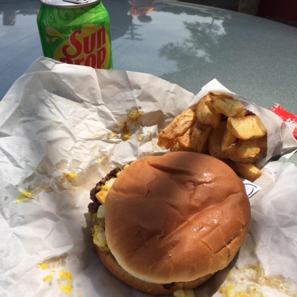 Brooks’ burger all the way (mustard, onions and chili) with wide planks for fries.