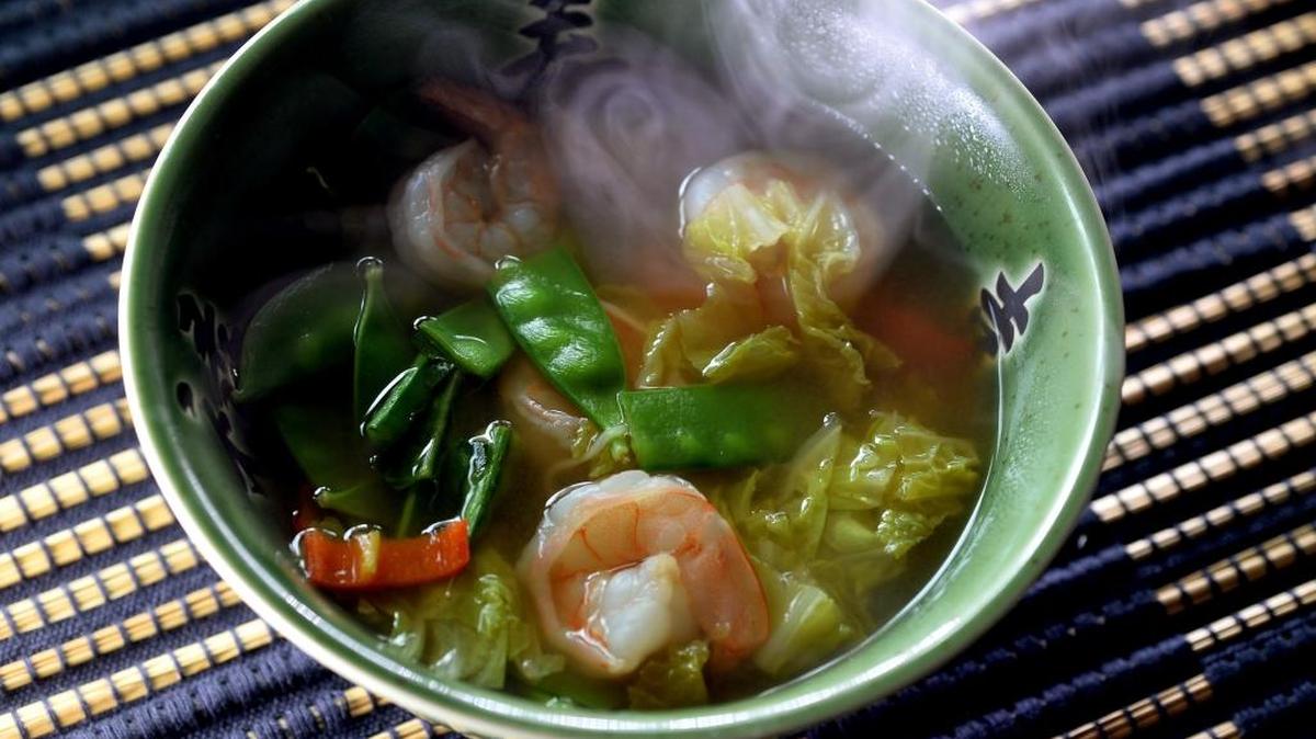 Wonton wrappers make fast noodles in Asian Noodle Soup With Shrimp.