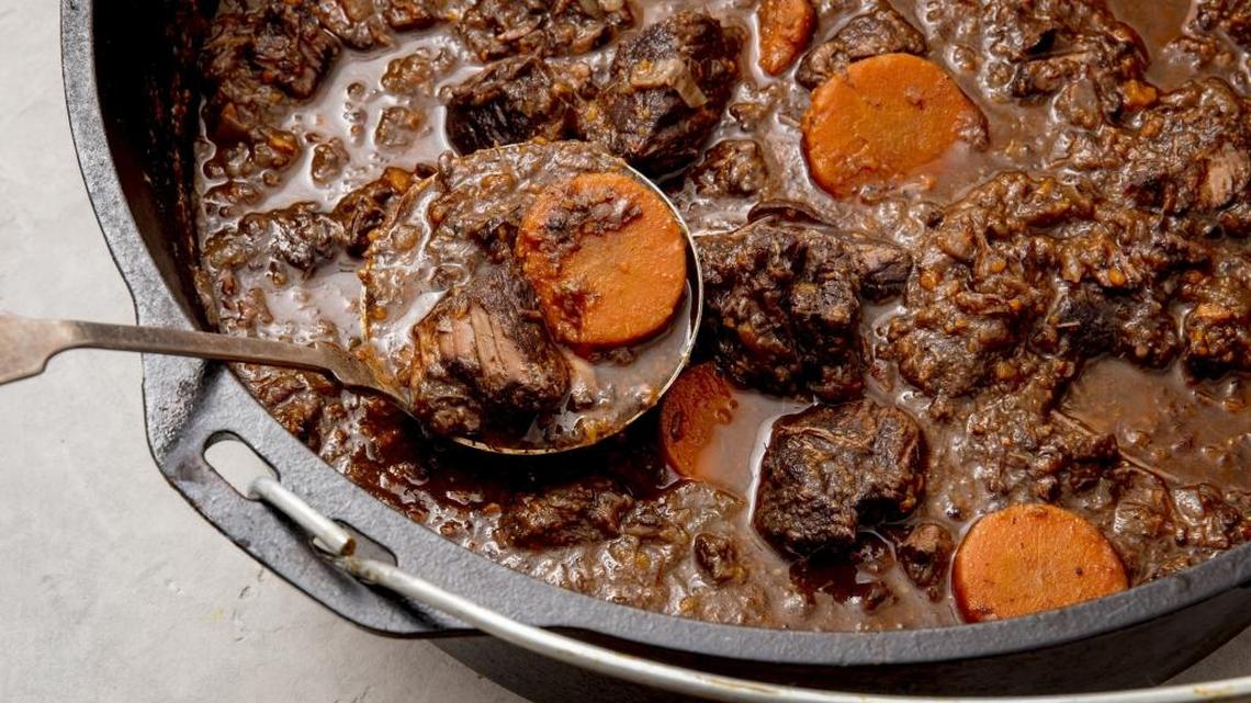 A pot of slow-cooked red wine beef stew. There isn’t one perfect beef stew, but constellations of them, because the dish is practically universal.