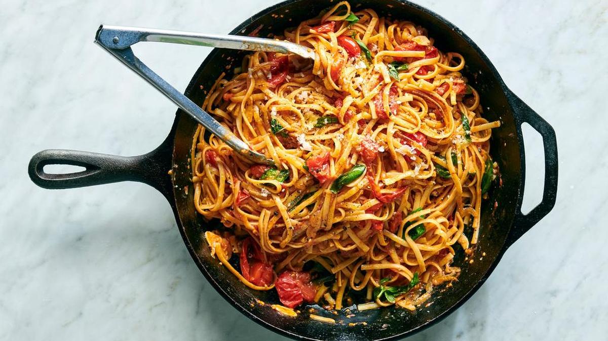 One-pan bruschetta spaghetti calls for you to cook the pasta directly in the sauce.