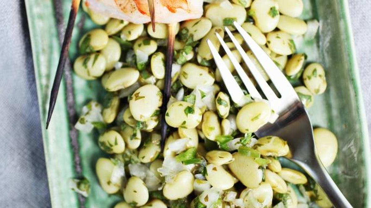 Speckled Butter Bean Ceviche with Grilled Shrimp from “Beans & Field Peas,” by Sandra Gutierrez.