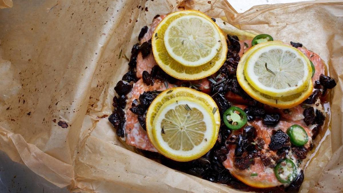 Salmon Baked in a Bag With Citrus, Olives and Chiles.