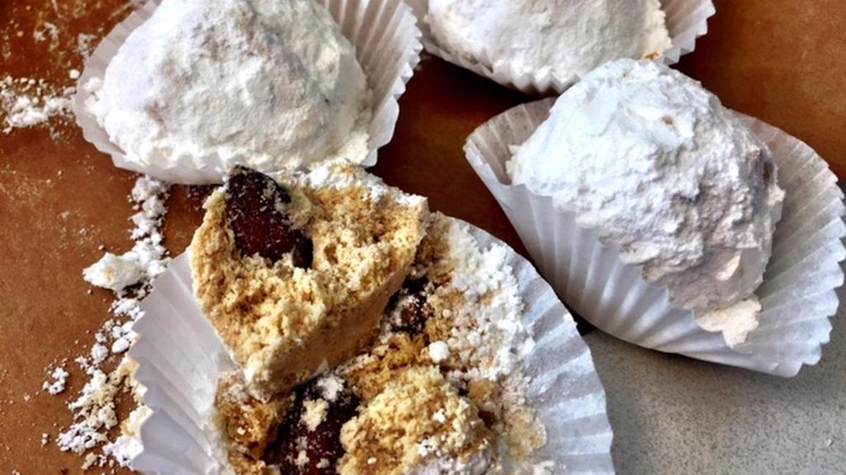 The crumbly, sugar-snowy version of kourabiedes at Mocca Bistro each has a whole almond tucked inside.
