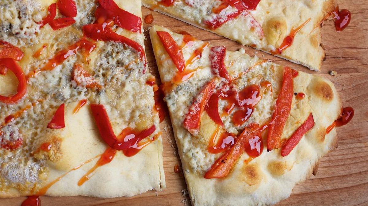 Hummus, Pepper and Gorgonzola Flatbread.
