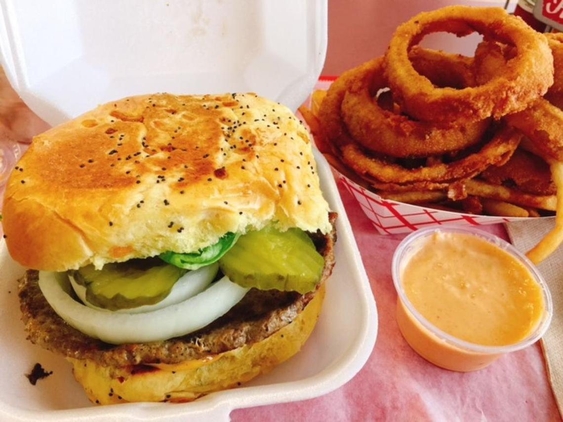 Mr. K’s Big K with frings and onion ring sauce.