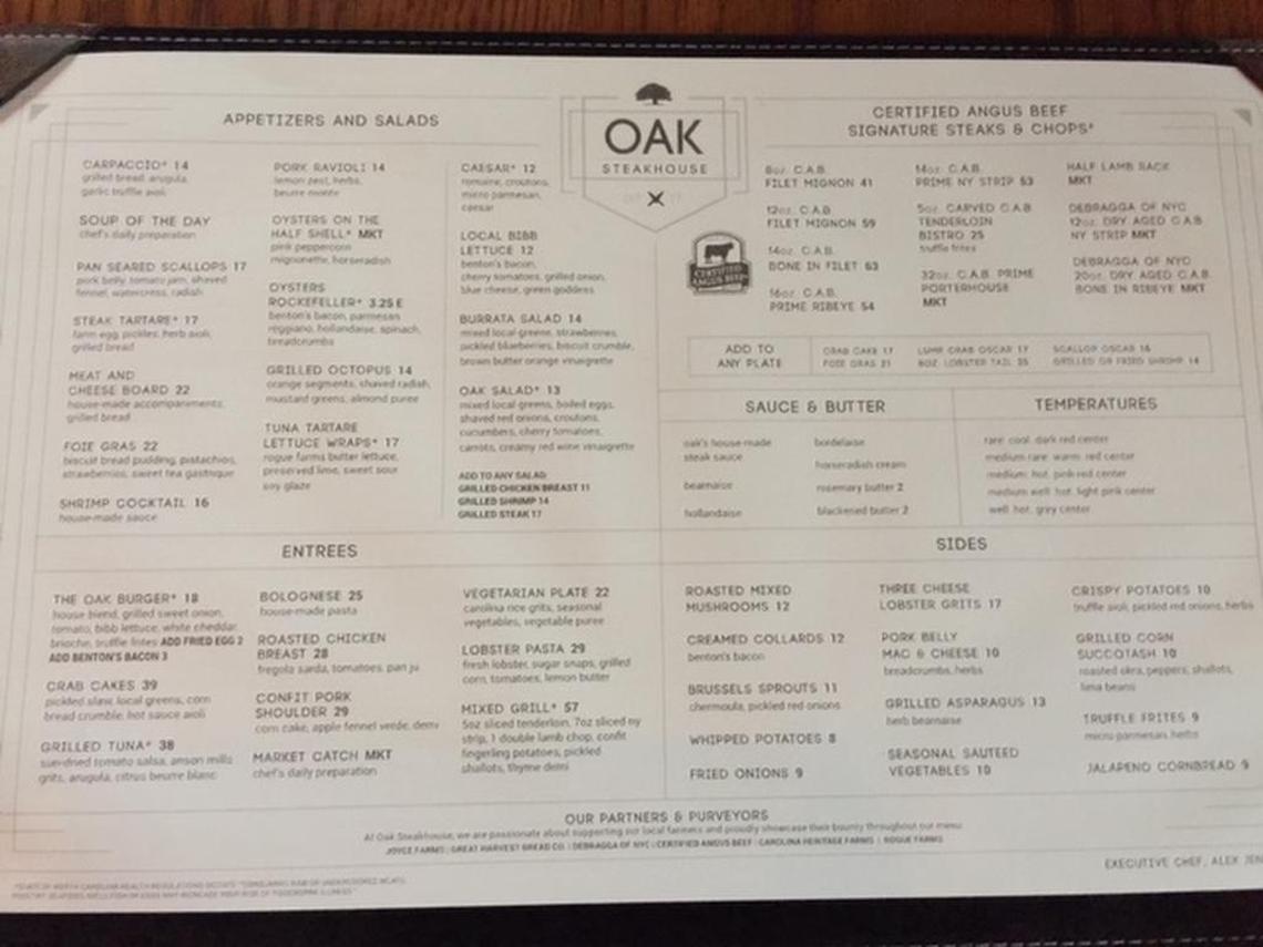 The menu at Oak will change regularly, but here’s the one for the opening.
