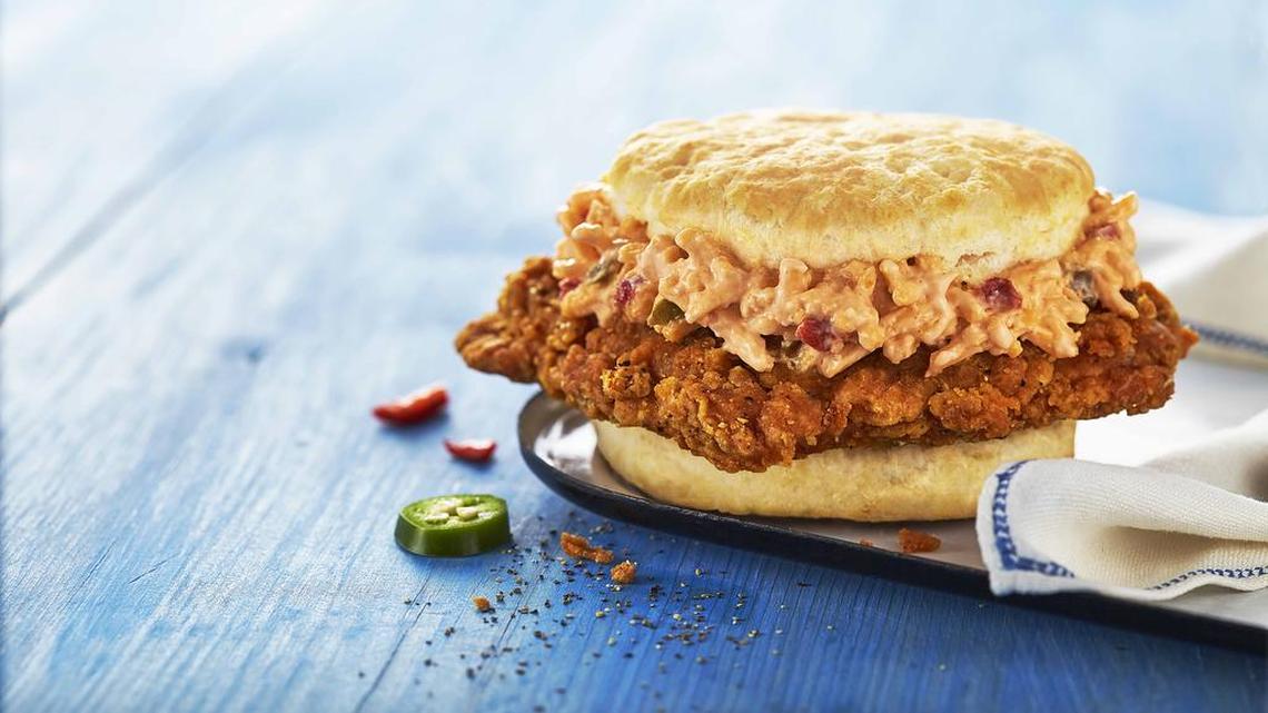 Yes, that’s a spicy chicken biscuit with Palmetto’s jalapeno pimento cheese. Photographer: Bill Lusk
