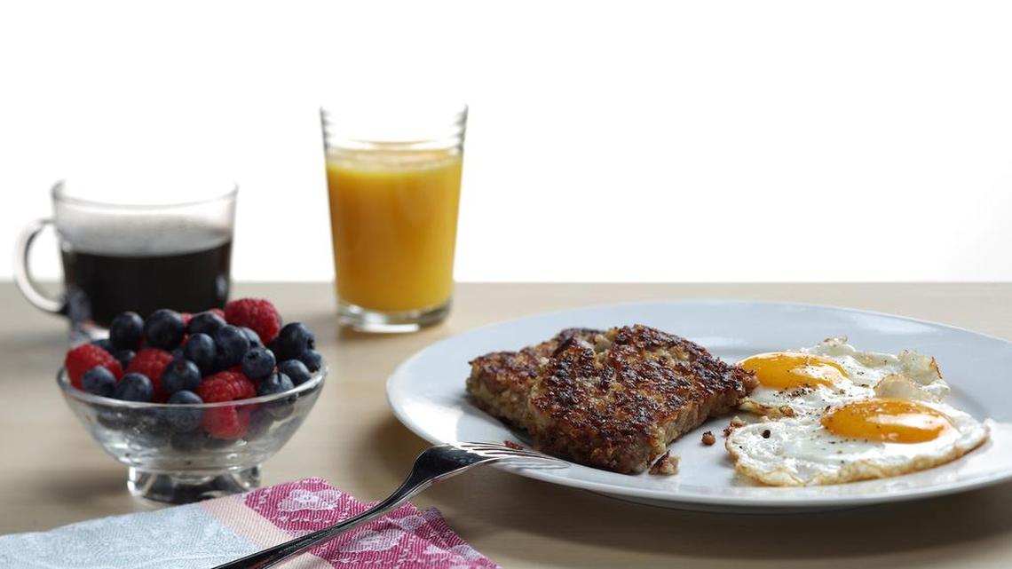 Goetta is a loaf made from cooked oats, ground meat and onions. It’s sliced and browned in butter (or oil or bacon fat), then served up with eggs for breakfast.