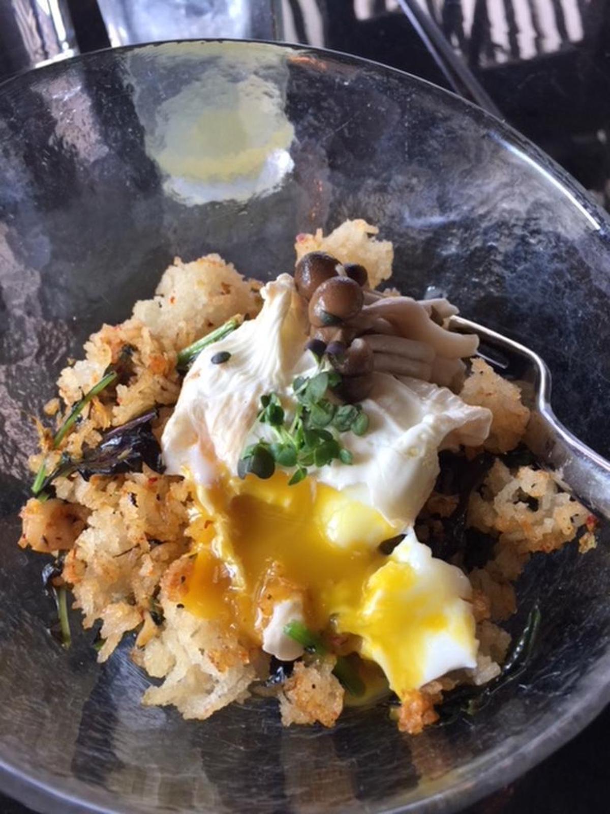 New at littleSpoon: Crispy Rice, a bowl of crunchy chunks, soft poached egg, bitter greens and pickled mushrooms.