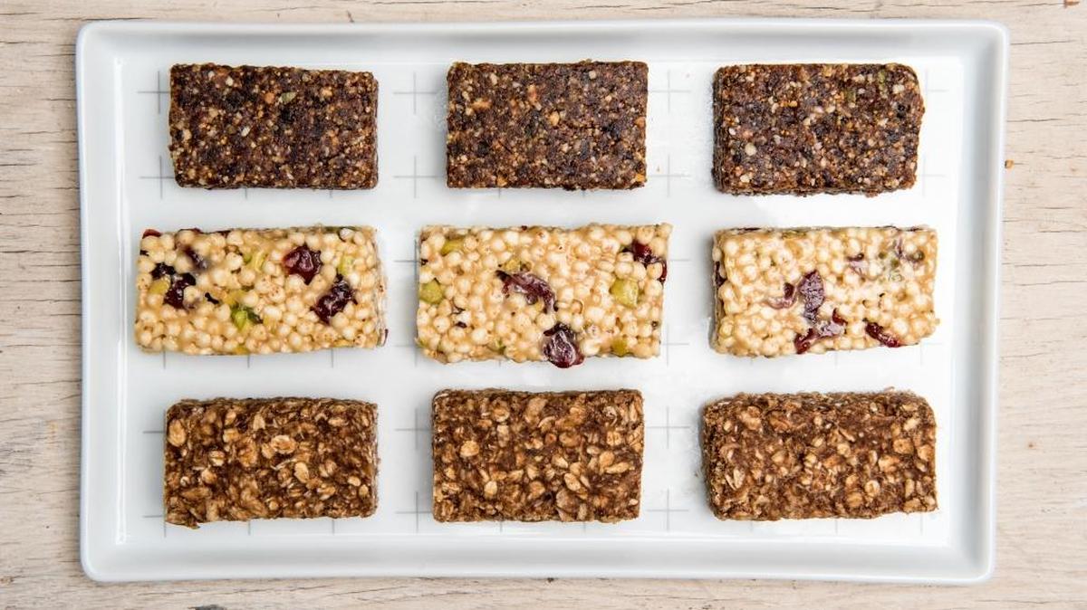 Peanut Snack Bars, top; Chewy Cranberry, Millet and Pistachio Bars, center; and Banana Breakfast Bars, bottom.