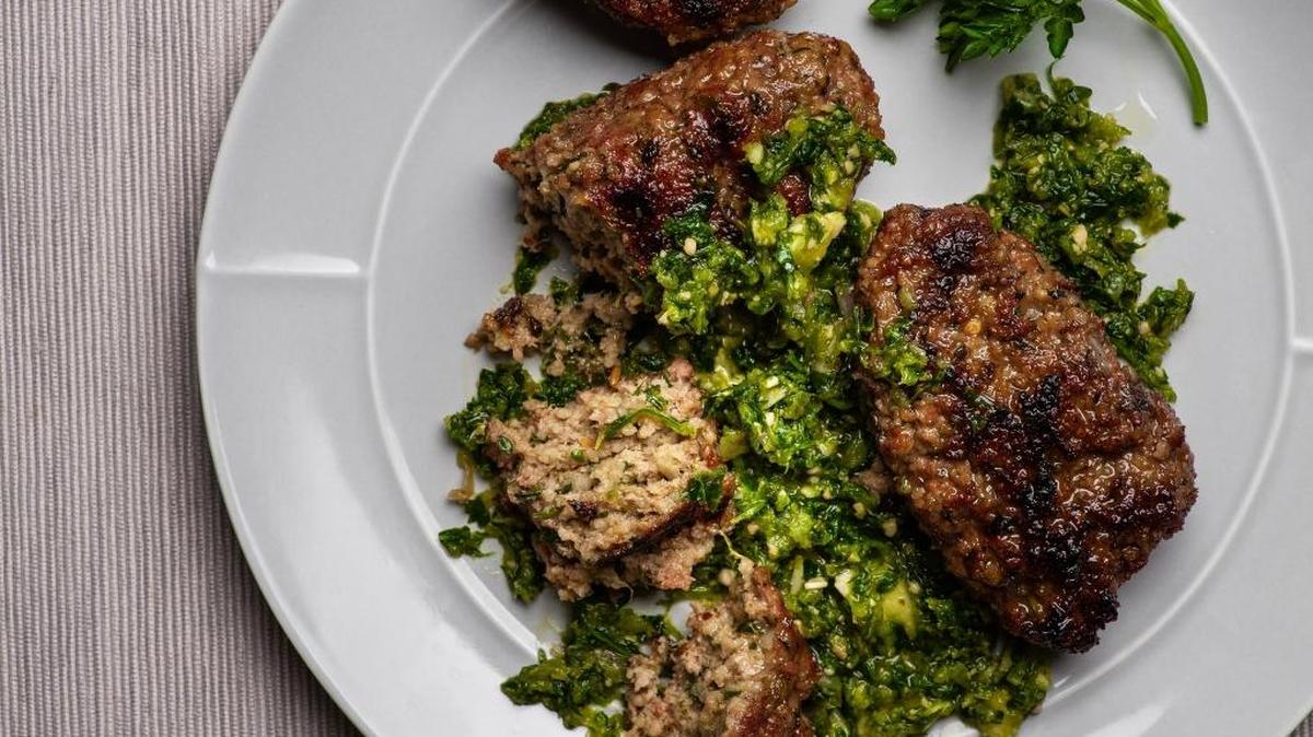 Grilled Lamb and Bulgur Patties With Herb Sauce.