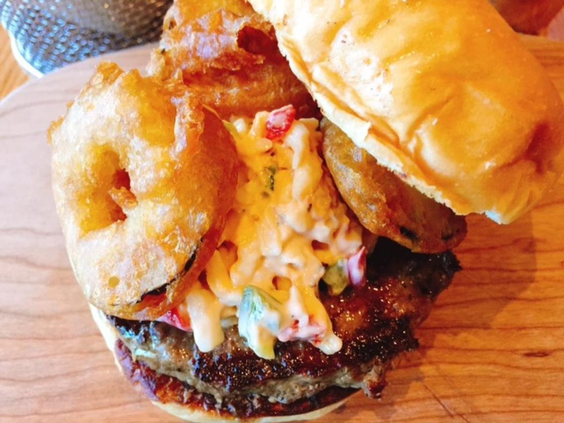 Bang Bang’s pimento burger comes with deep-fried pickles.