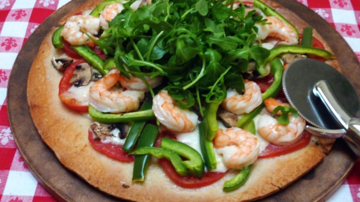 Shrimp and Mushroom Pizza.
