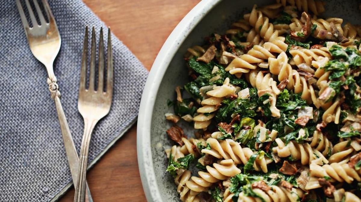 Weeknight mushroom and kale pasta from “100 Days of Real Food Fast & Fabulous,” by Lisa Leake.